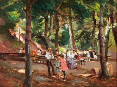 A group of people at a picnic in the woods. They are wearing clothes from the early 20th century. A man and two young girls are standing in the foreground.